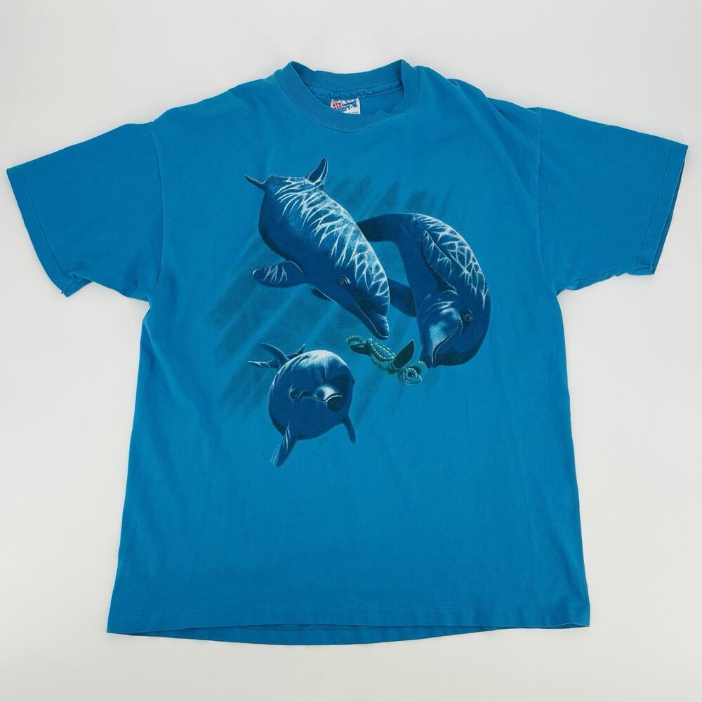 VTG 90s Dolphins Sea Turtle Marine T Shirt Single Stitch Tee Size XL Made In USA